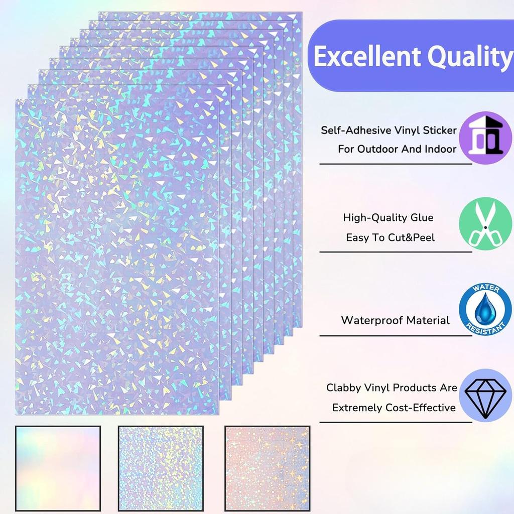 9Sheets A4 Holographic Paper Sticker Transparent Waterproof Self Adhesive Film 11.7 x 8.3 Inches (Gem, Dot, Colorful, Star)