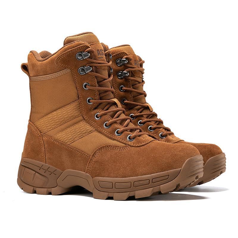 2025 brown combat boots, new desert training shoes, outdoor hiking boots, high-top first-layer cowhide defense