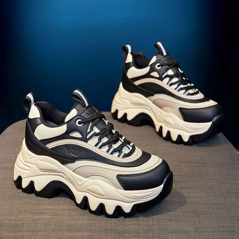 2024 Sneakers Women Casual White Shoes 8CM Fashion Height Increasing Thick Bottom Spring Platform Leather Woman Chunky Sneakers