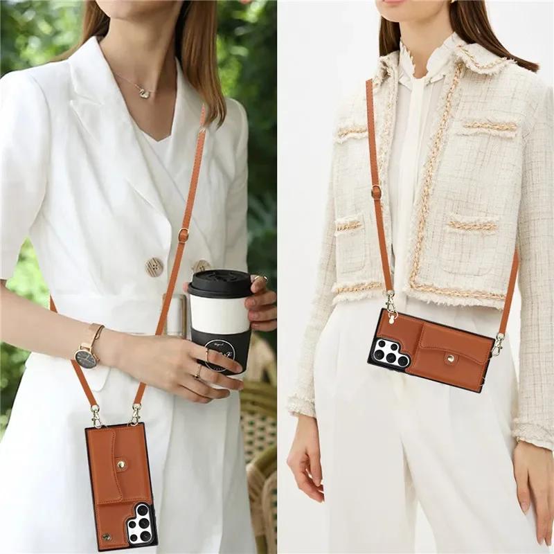 Lanyard Leather Wallet Phone Case for Samsung Galaxy S25 S24 Plus S23 FE S22 Ultra S21 S20 S10 Note 20 Flip Stand Cover Back Bag