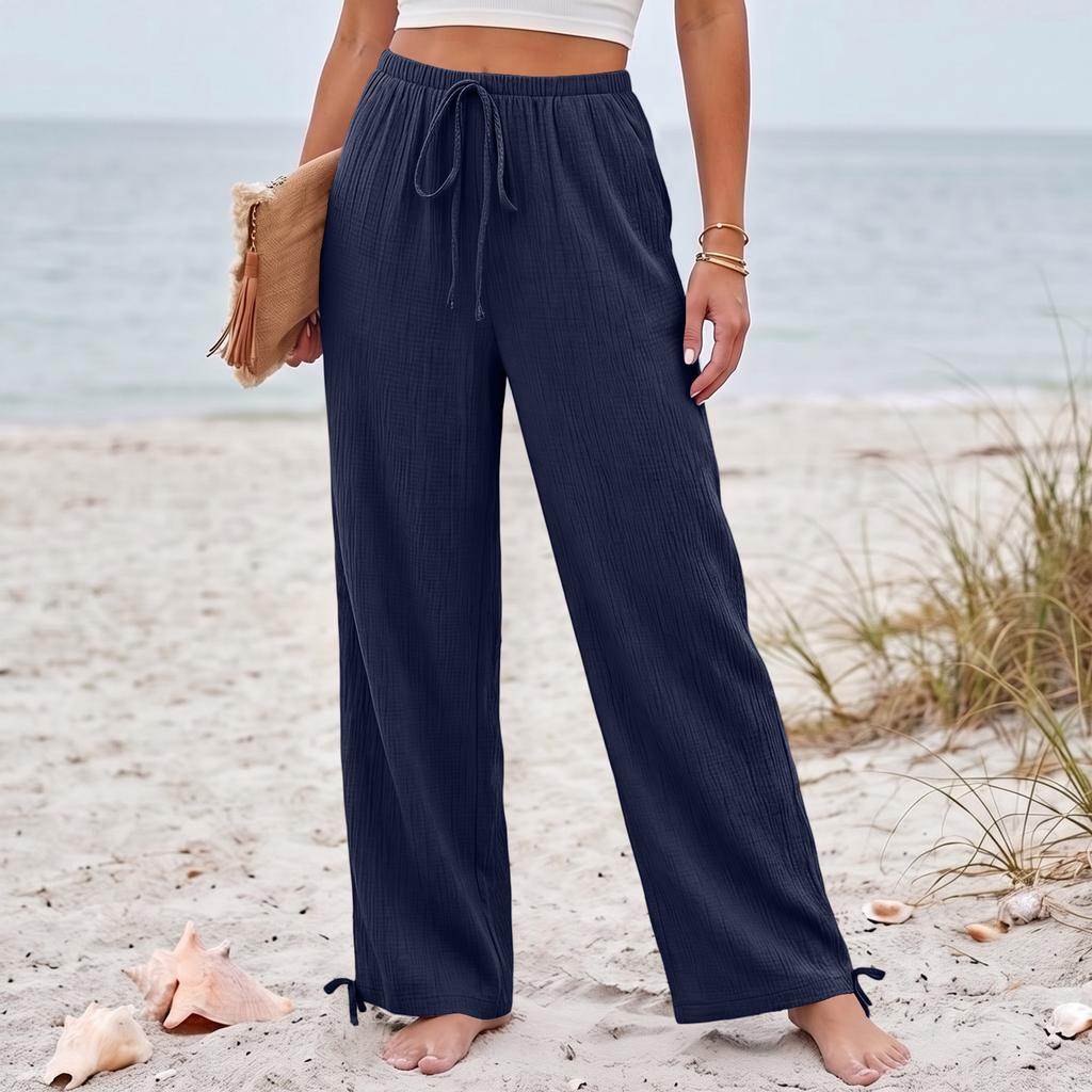 Women's Loose-fitting, -color, Straight-leg Casual Pants With Drawstring And Pockets.