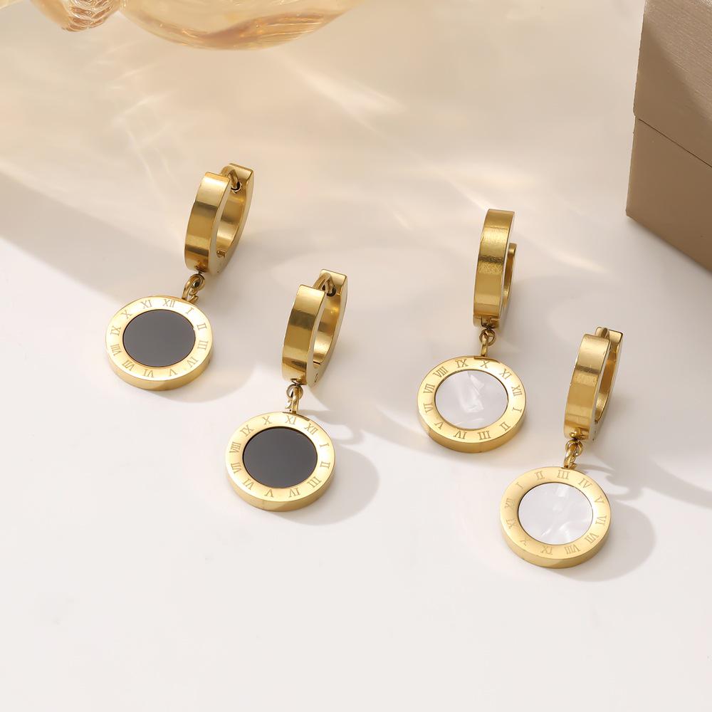 Fashion Titanium Steel Roman Numeral Earrings - Black & White Simple Commute Style