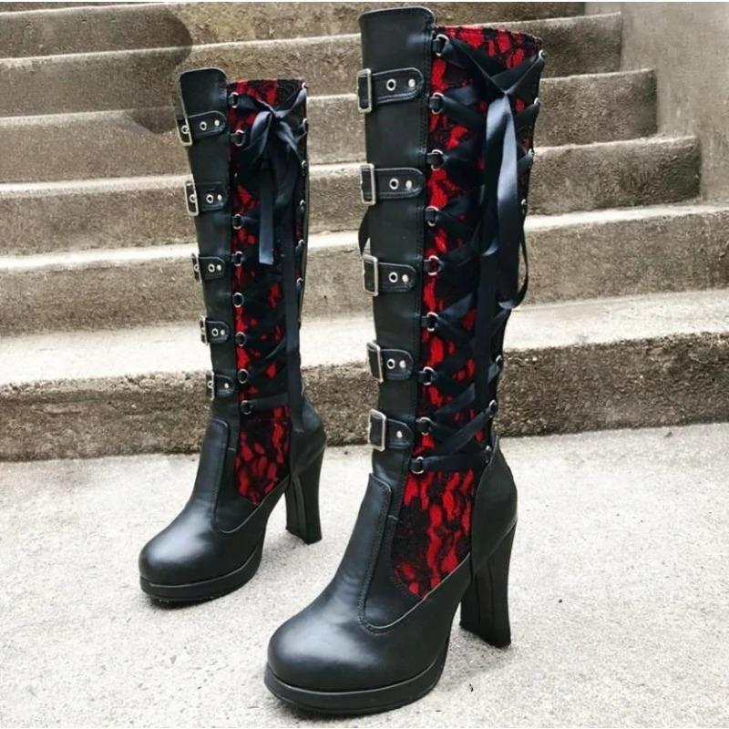 High Quality Punk Platform Boots for Women Fad Lace Up Chunky High Heel Mid Calf Boots Bow Knot Gothic Women's Boots Botas Mujer