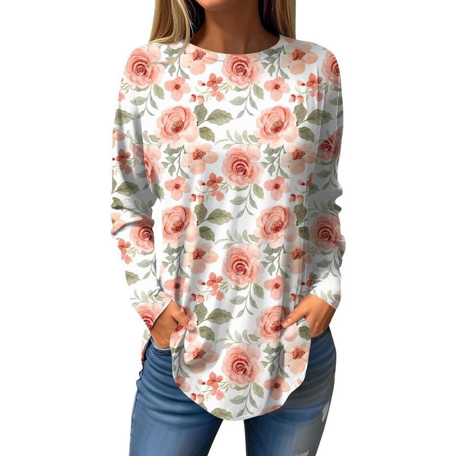 Vintage Langarm 3D bedruckte T-Shirts Blumen Rundhals Oberteil für Damenbekleidung