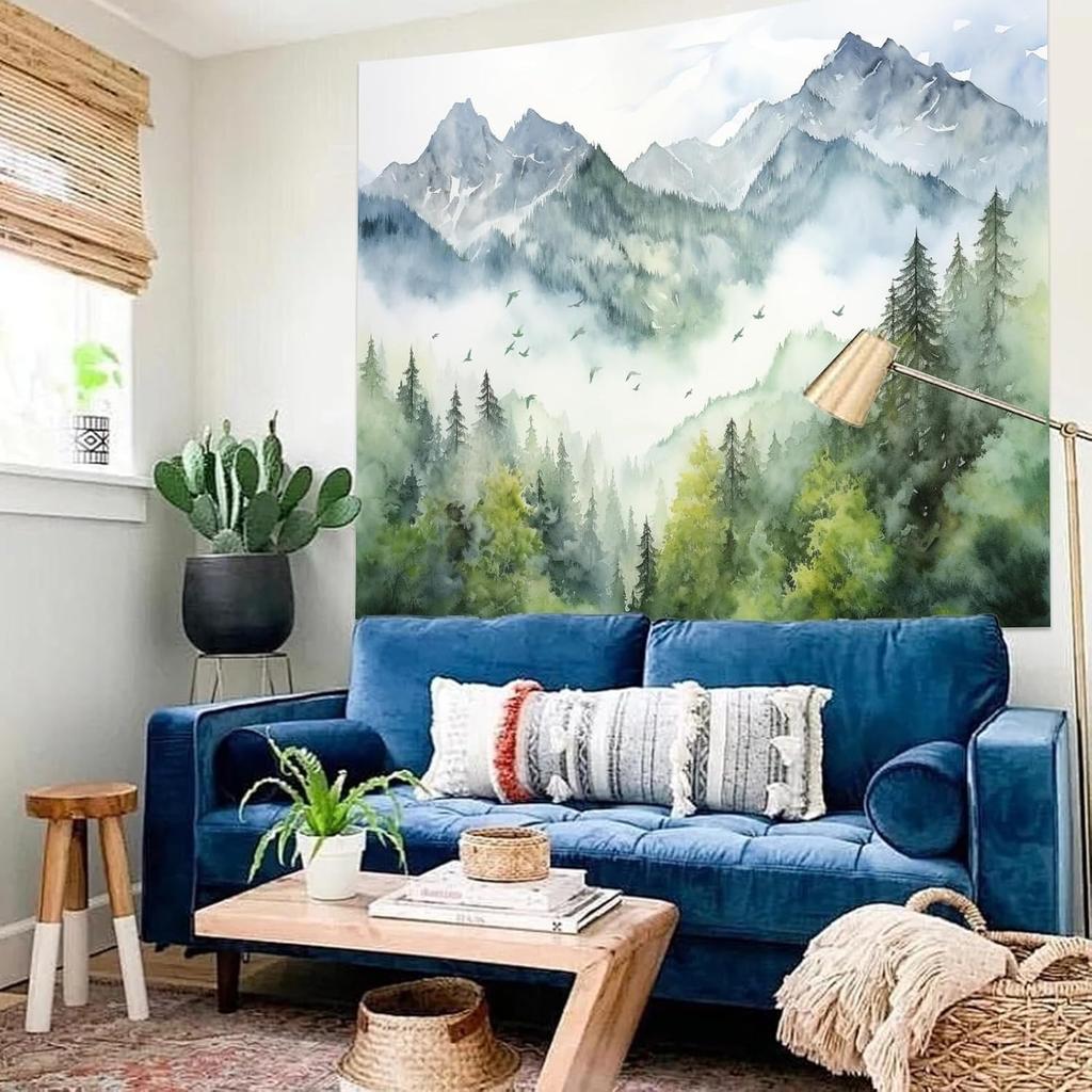 Atrippy Forest Nature Tapestry for Bedroom, Green Misty Foggy Mountain Sage Trees Wall Tapestry