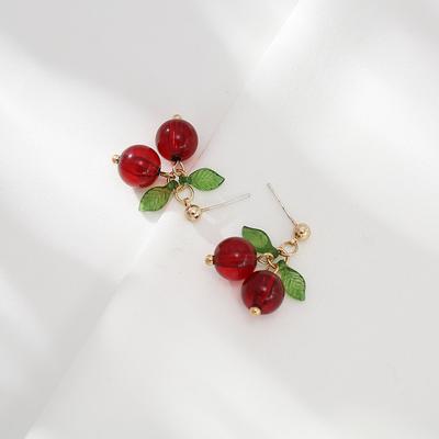 Sweet Cherry Beads Stud Earring for Women' S Jewelry Red Leaf Dangle Wedding Party Summer Beach Cute Lovely Gift Accessories