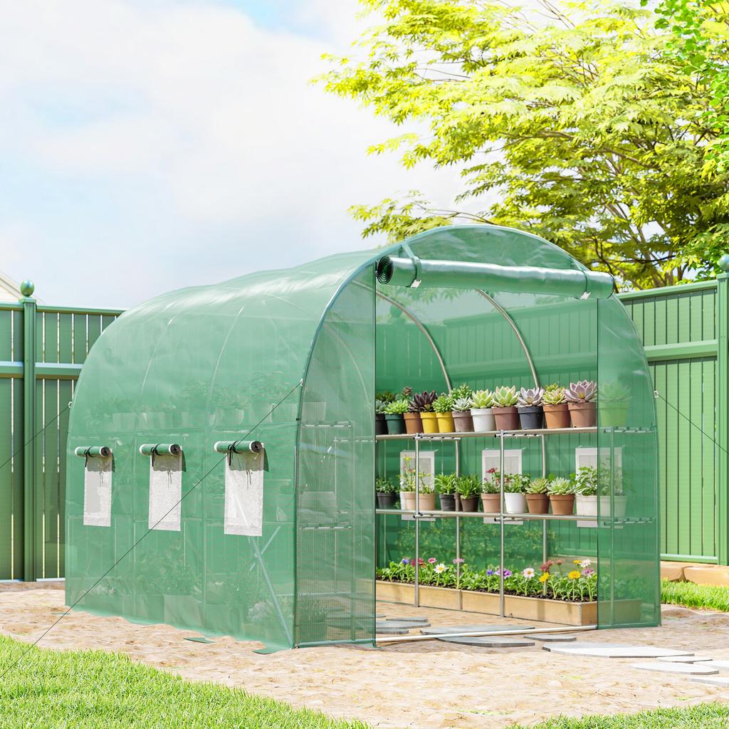 Walk-in Greenhouse with Shelves, Polytunnel Greenhouse with Roll-Up Door, 6 Mesh Windows,198 X 275 X 191 Cm, Green