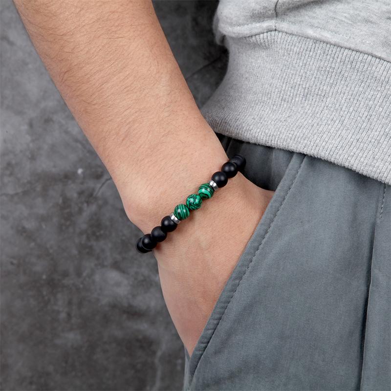 MATT STONE BRACELET  8mm matt onyx stone bead bracelet with reptile design lobster lock, green malachit stones