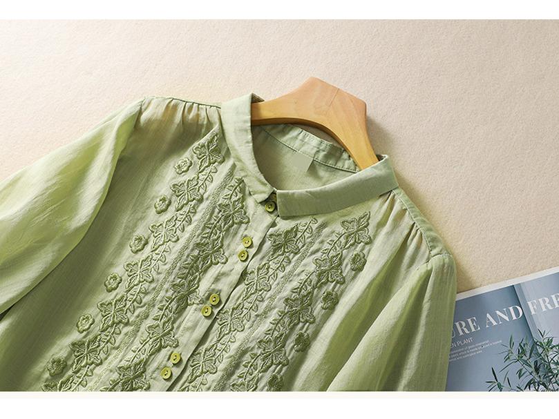 2025 Summer Women's Seven-Sleeve Cotton Linen Shirt with Floral Embroidery and Retro Turn-Down Collar