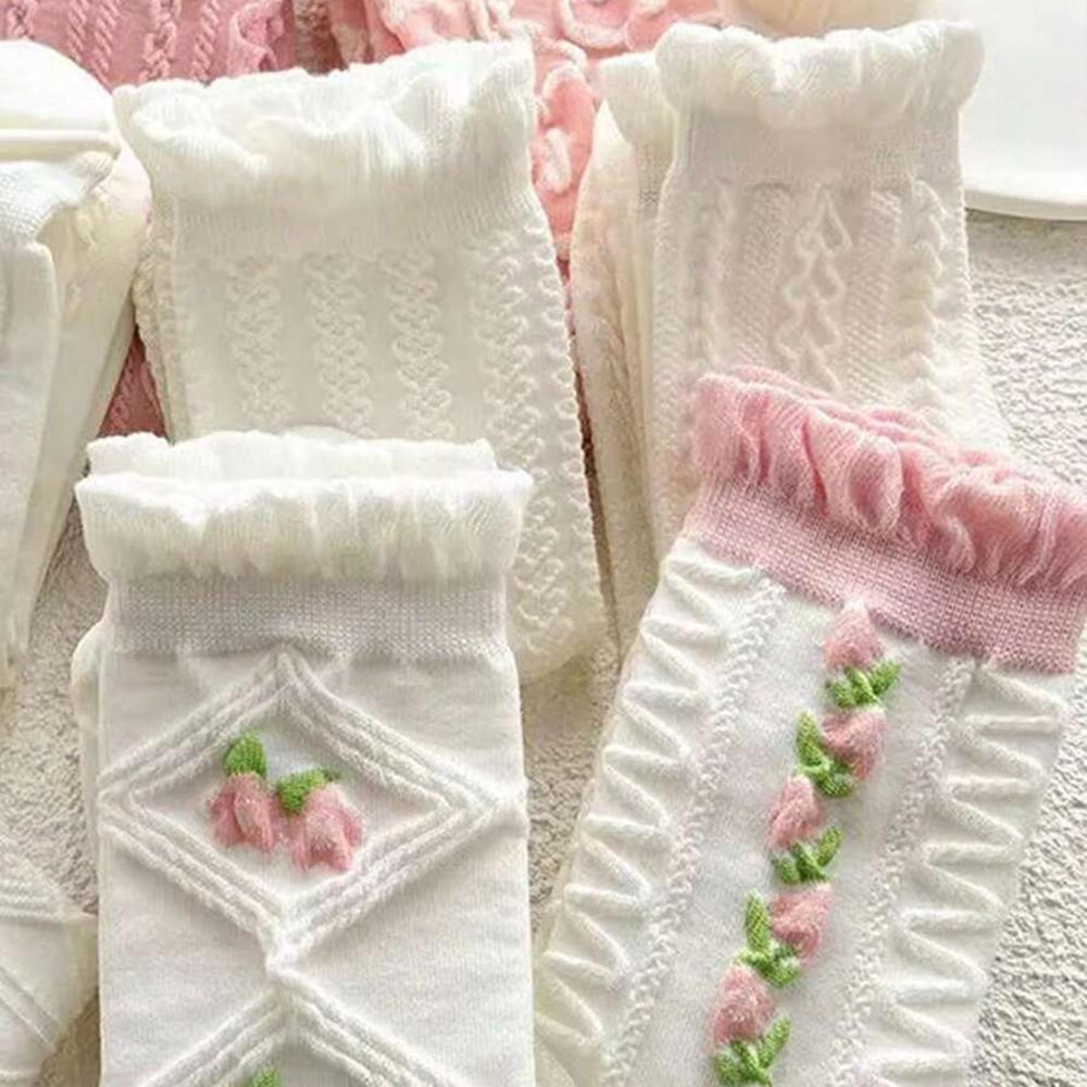 5 par uroczych skarpetek z koronką do połowy łydki, z falbankami, w stylu Harajuku, miękkie, modne, odpowiednie dla dziewcząt, wygodne, pochłaniające pot