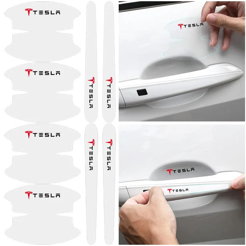 FHR1 8Pcs Car Accessories Anti-wear Transparent Door Handle Protective Sticker For Tesla Model 3 2021 S X Y Style Roadster Invader
