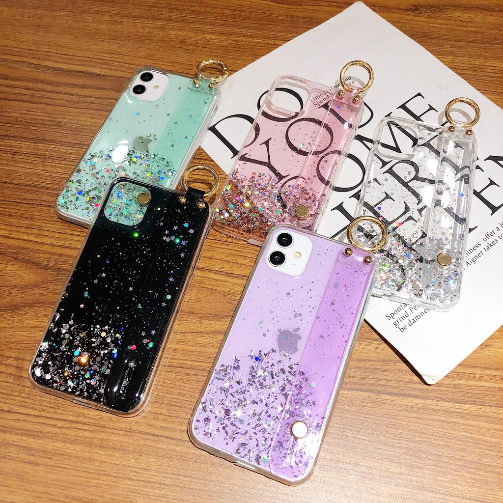 Pouzdro na telefon Glitter Powser Wristband pro Iphone 13 12 11 Pro Xs Max Xr X 6 6s 7 8 Plus Transparentní měkký kryt držáku na zápěstí
