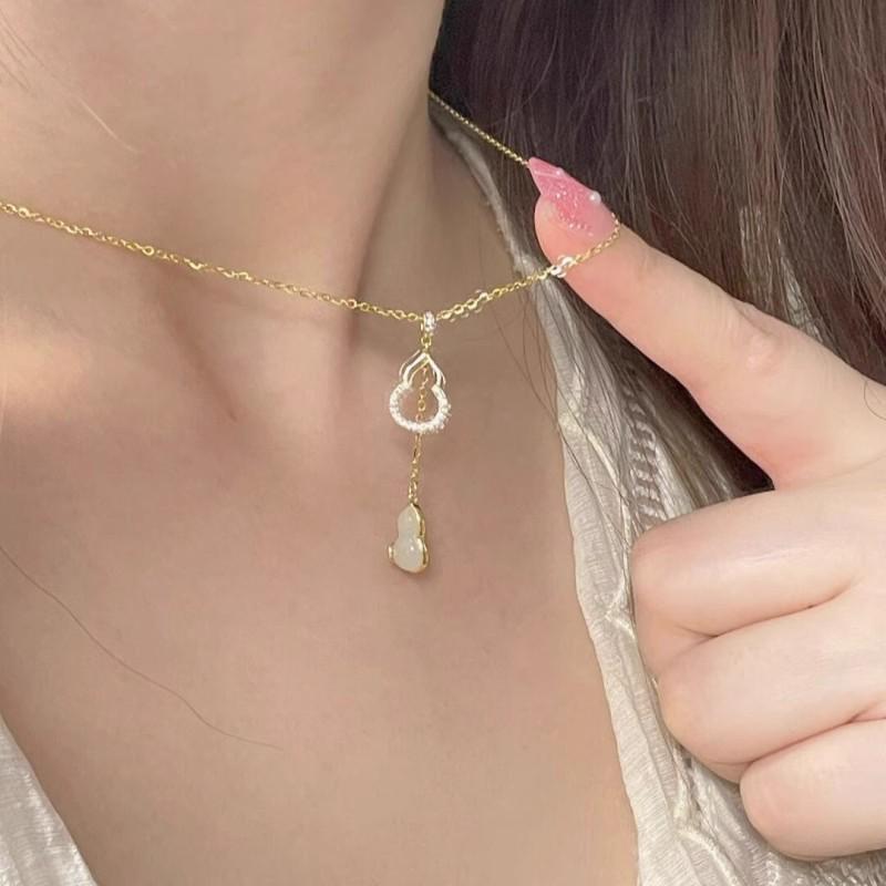 Elegant Hetian Jade S925 Silver Women s Necklace with Double Gourd Tassel Pendant 925 Silver