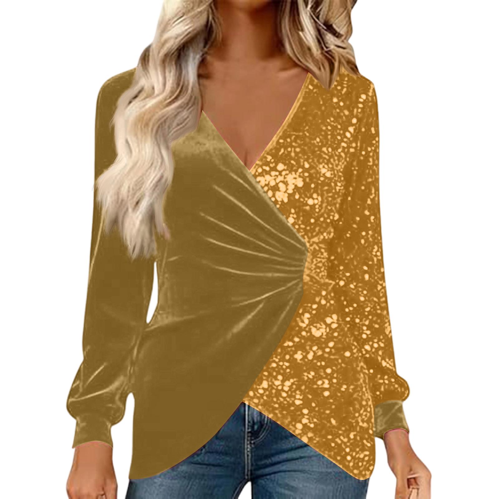 

Жіночий Кольоровий Паєтковий Оксамитовий Платковий V-подібний виріз З Довгим Рукавом Неправильний Верх Футболка M