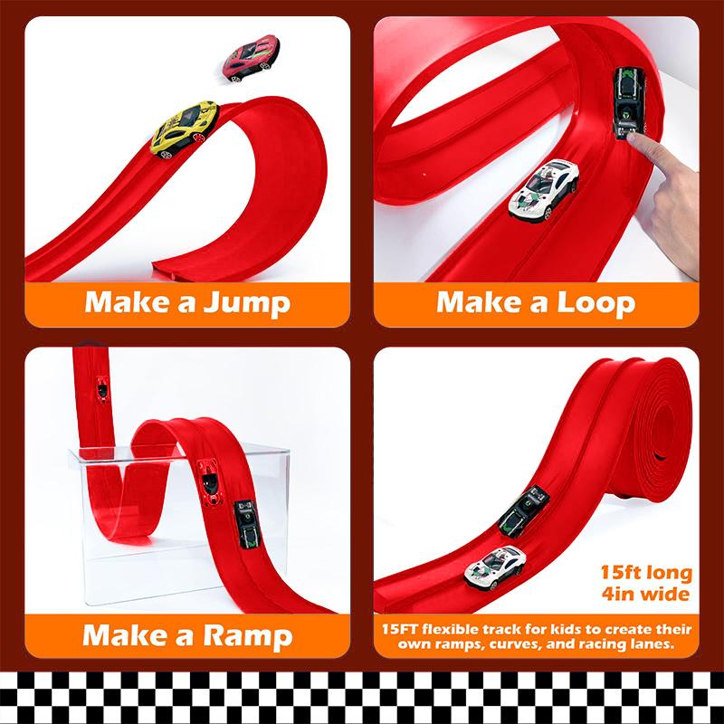 13 fot og 16 fot fleksibel racerbane for barn, racerbil rampebane med sugekopper og 4 små racerbiler
