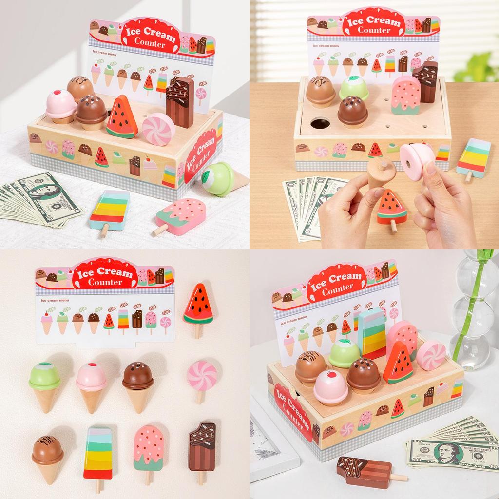 Wooden Simulation Ice Cream Vending Cabinet Model Children Toy Set For Kids Imaginative Pretend Play