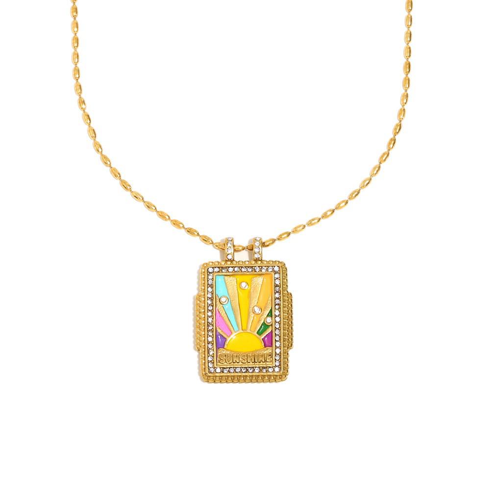 18K Gold-Plated Enamel Tarot Card Flower Pendant Necklace