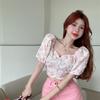Summer Square Neck Bubble Sleeve Pink Flower Blouse Pullover Short Top Women
