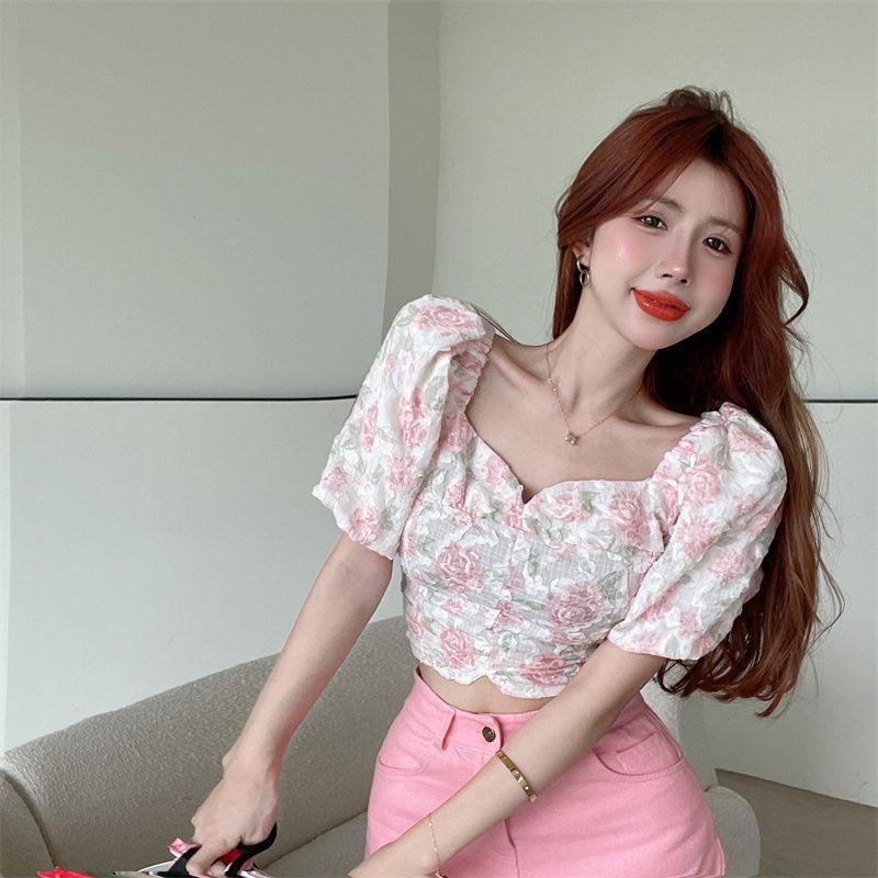 Summer Square Neck Bubble Sleeve Pink Flower Blouse Pullover Short Top Women