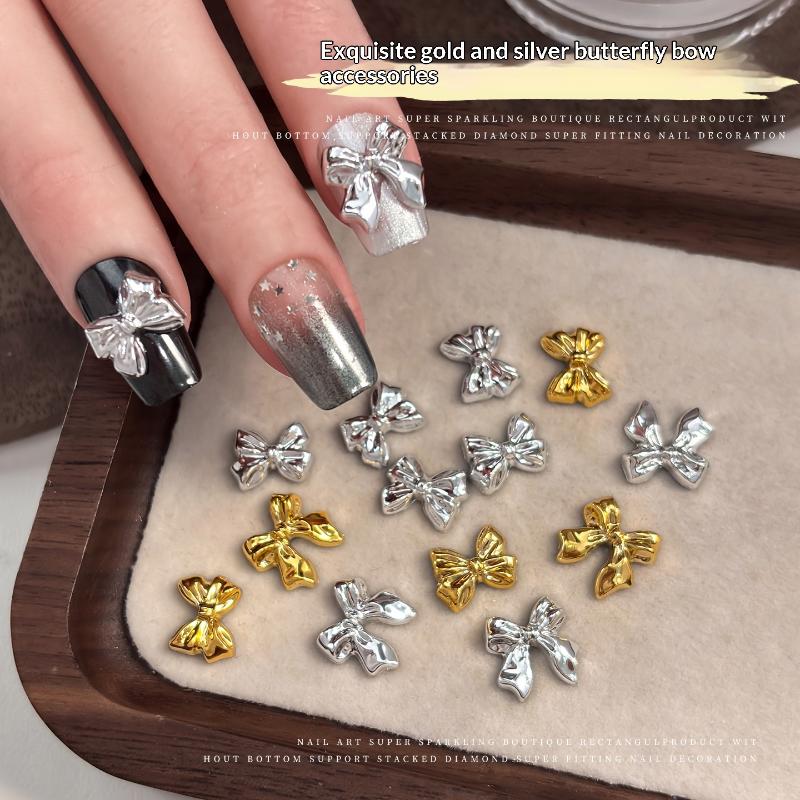 50Pcs Gold Silver Brief French Bow Tie Bowknots Ribbon Resin Nail Art Decorations Manicure Imitation Metal Charms