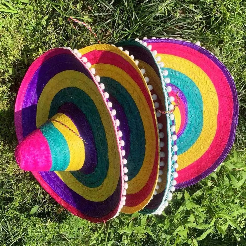 Cappello da Festa Messicano a Tesa Larga Estivo Cappello a Secchiello Panama Paglia Naturale Cappelli di Paglia Messicani Cappello da Sole Colorato Sombrero di Carnevale Halloween