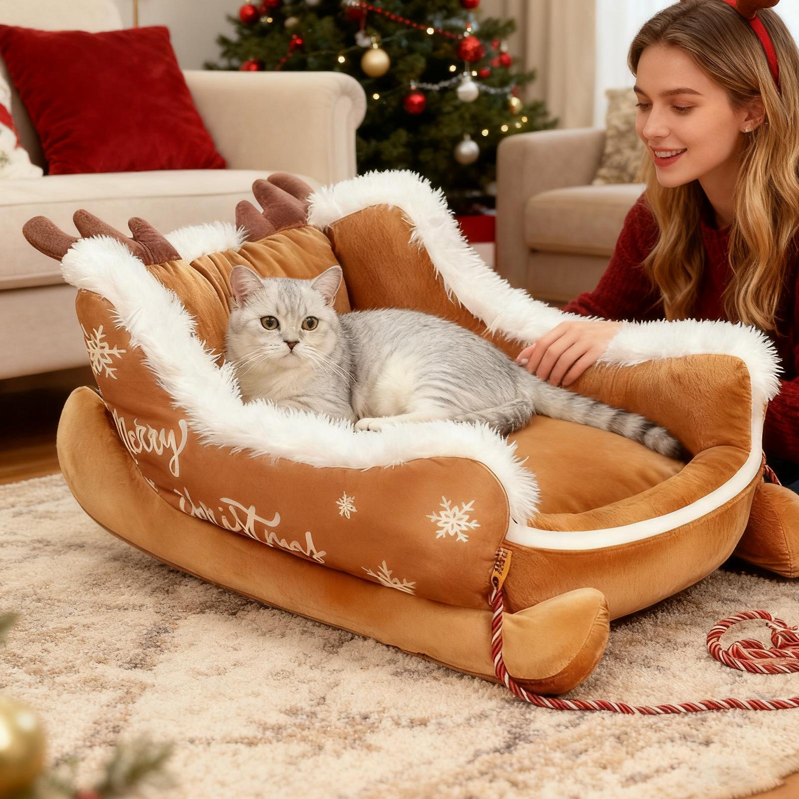 

2025 Christmas Plush Cat And Dog Bed With Pull Rope Sled Dog Sleeping Bed Winter Warming For Outdoor Puppy Cat Balcony China Mainland