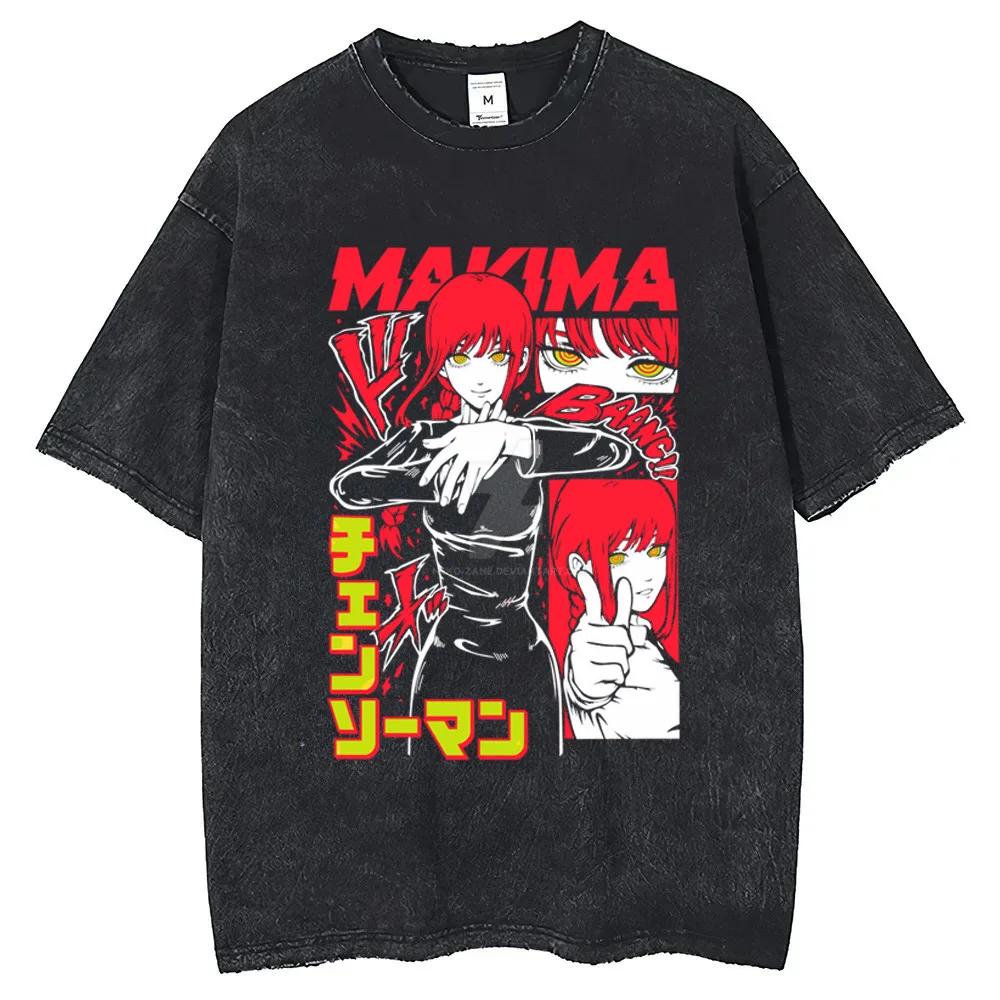 Hot Anime Chainsaw Man Cotton Tops Graphic Washed T-shirt Men Manga Tshirts Vintage T Shirt Harajuku
