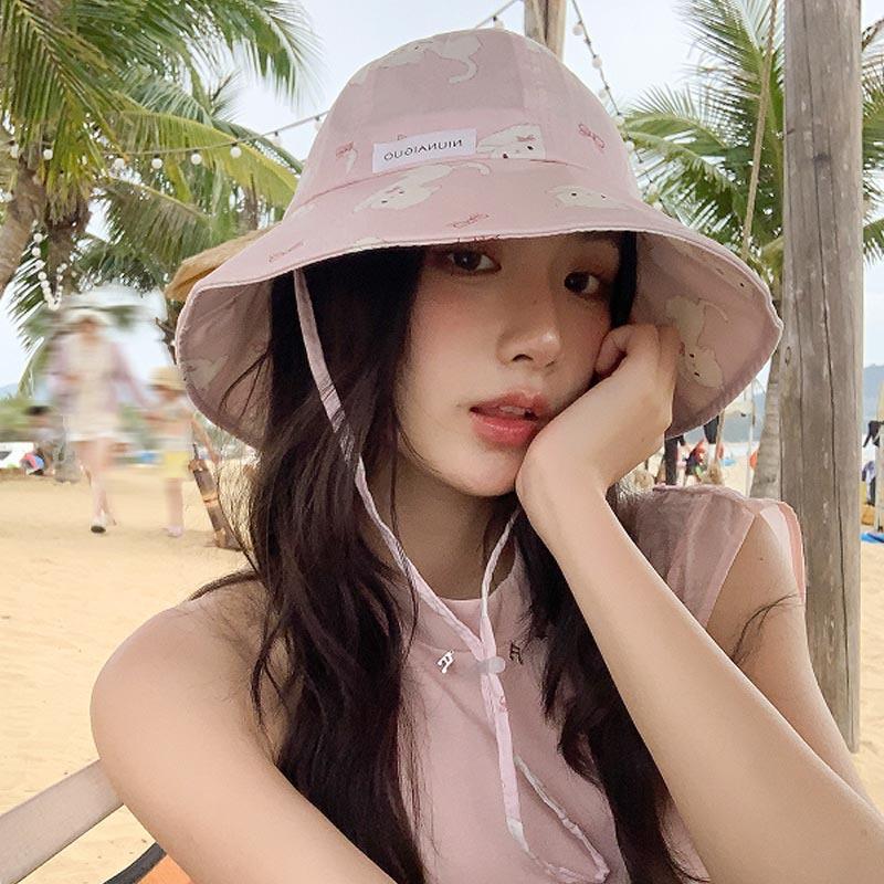 Cute and Sweet Lace-up Fisherman's Hat Children Summer Shading and Sun Protection Big Head Circumference Foldable Outdoor Outing Basin Hat Tide