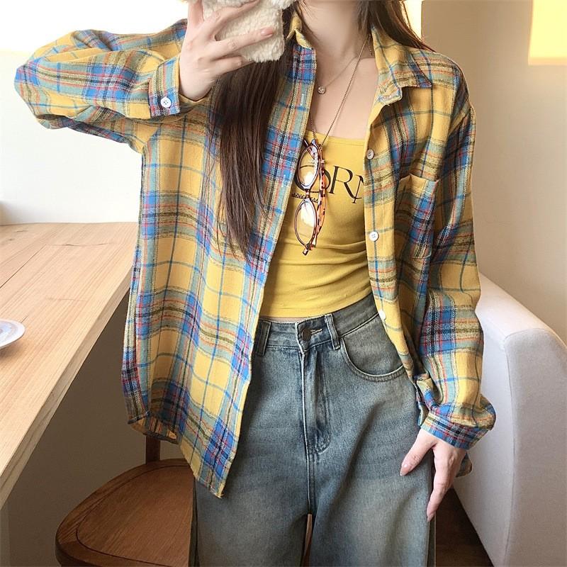 Loose Plaid Long Sleeved Shirt, Women's Mid To Long Sunscreen Jacket