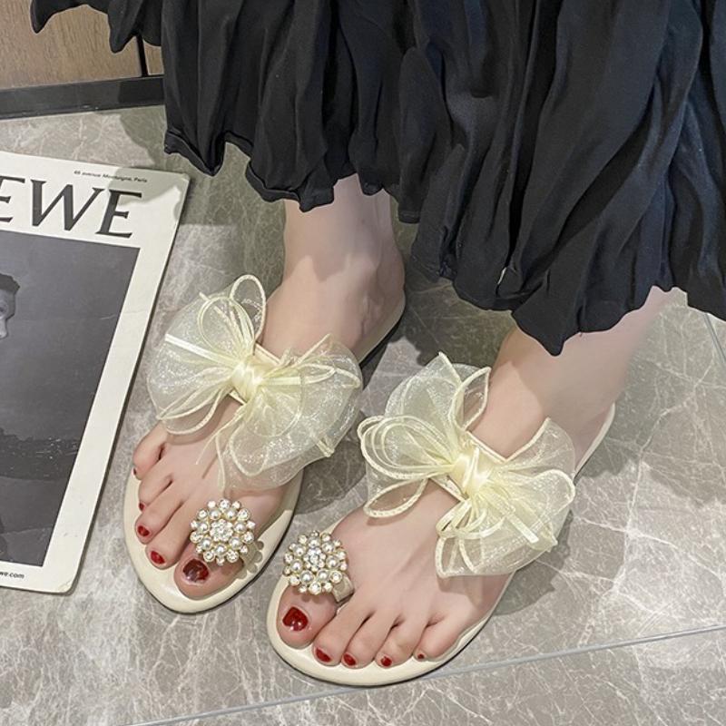 2025 New Fashionable Fairy Style Pearl Bowknot Sandals Women's Outdoor Beige Slip-On Slippers Korean Version Rubber Sole Shoes