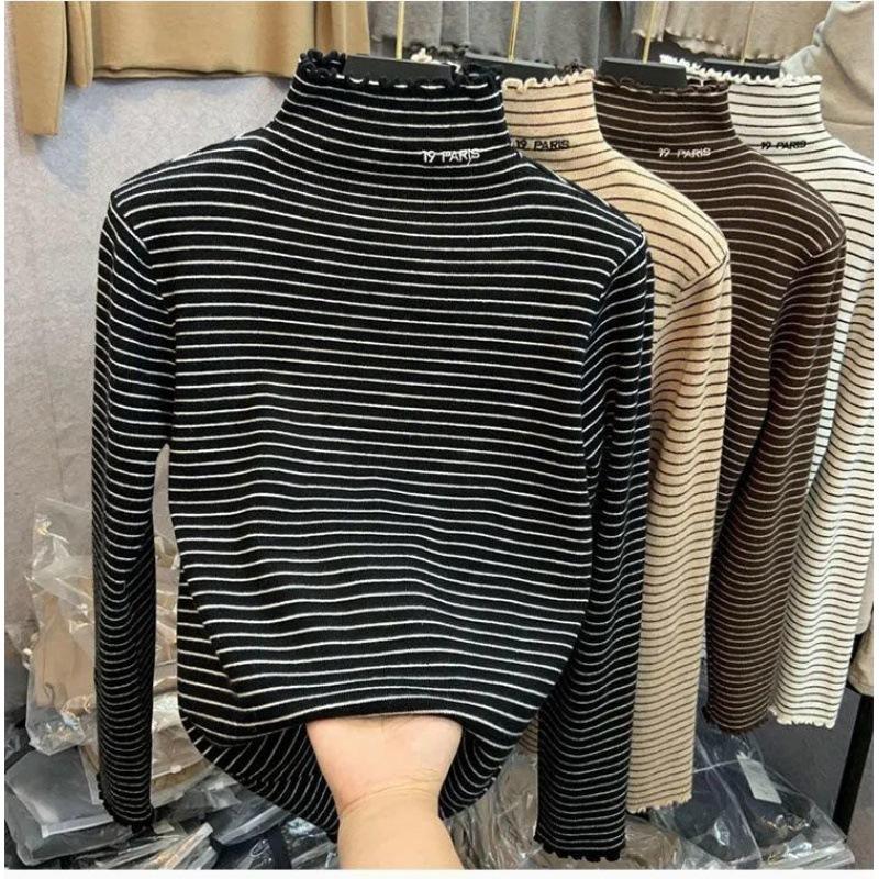 Girls Autumn Winter Striped Half Turtleneck Base Layer Shirt Long Sleeve Warm Thermal Top Korean Inner Wear