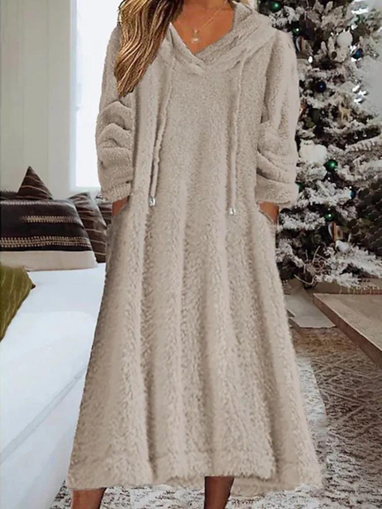 Women's Long Sleeve Round Neck Casual Loose Warm Hooded Fleece Sweater Midi Dress