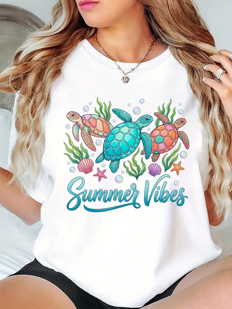 Colorful Sea Turtles Seashell Starfish Summer Vibes Ocean Graphic Womens T Shirt Short Sleeve Crew Neck Casual Ladies Tee Tops