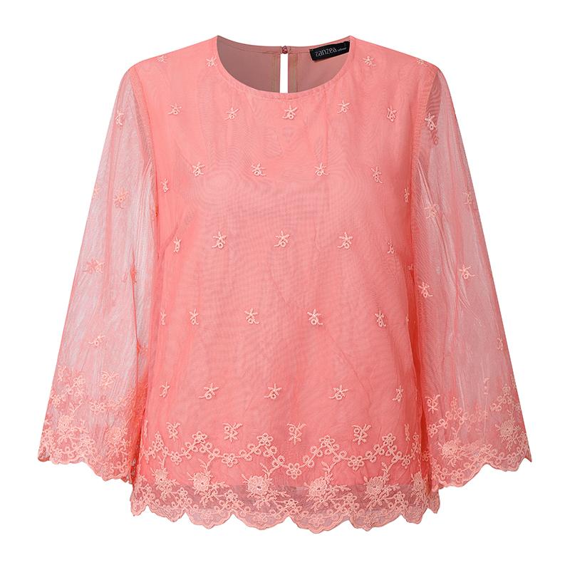 ZANZEA Womens Casual Embroidery Lace Patchwork Loose 3/4 Sleeve Blouse