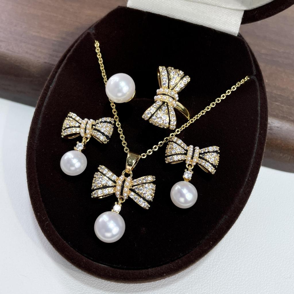S925 Pearl & Diamond Color Block Bow Jewelry Set - Ring, Pendant, Ear Pins for Women