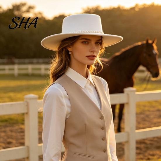 Luxury Faux Pearl Trimmed Hat Wide Brim Wool Felt for Women, Vintage Flat Top Fedora Elegant Winter Warm Headwear with Trim, Cap Autumn Fashion