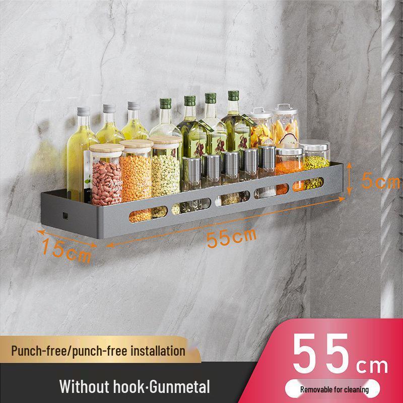 Charlotte Gunmetal Grey Wall-Mounted Kitchen Storage Rack with Seasoning Jar Organizer, Punch-Free