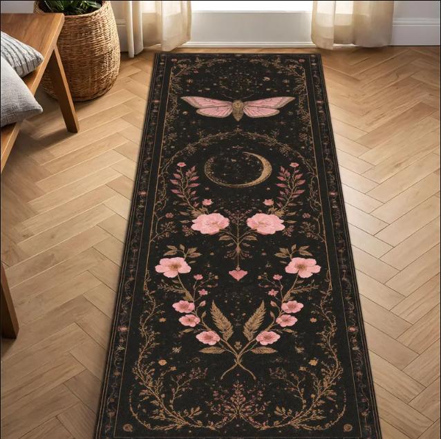 

Boho Moth Floral Hallway Runner Rug Dark Print Non Slip Long Kitchen Floor Mat Vintage Washable Carpet for Hallway Entryway 40x120cm