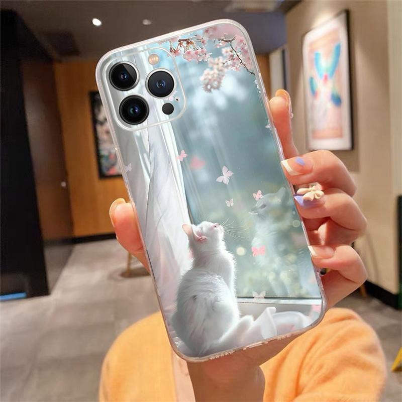 Cute White Cat Phone Case For iPhone 17 Pro Max Air 17 16 15 14 13 Pro Max 15 16 Pro 15Plus Silicone Cover