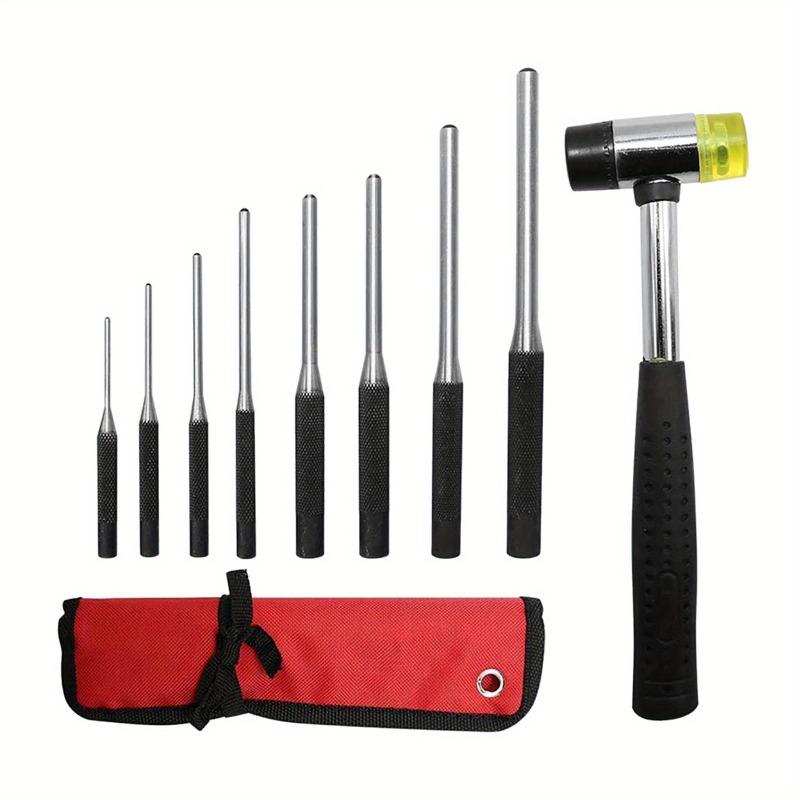 9Pcs Pin Punch + 25MM Rubber Double Sided Hammer Heavy Duty Rolling Pin Punch Set Double Sided Hammer with Retainer Gun Repair