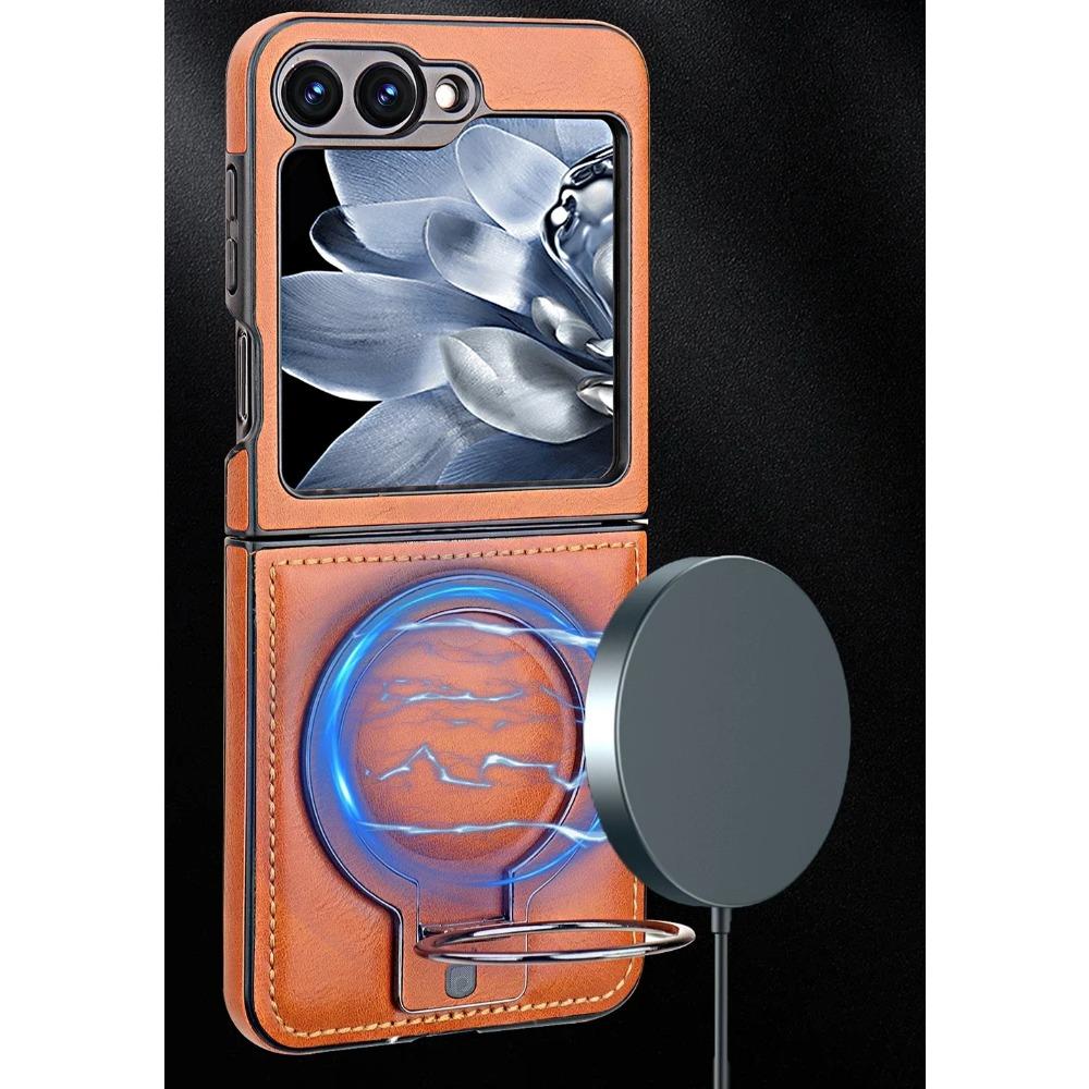 Premium Leather Magnetic Fold Phone Case for Samsung Galaxy Z Flip 7 FE 6 5 4 3 Anti-Drop Fine Metal Ring Bracket Protect Cover