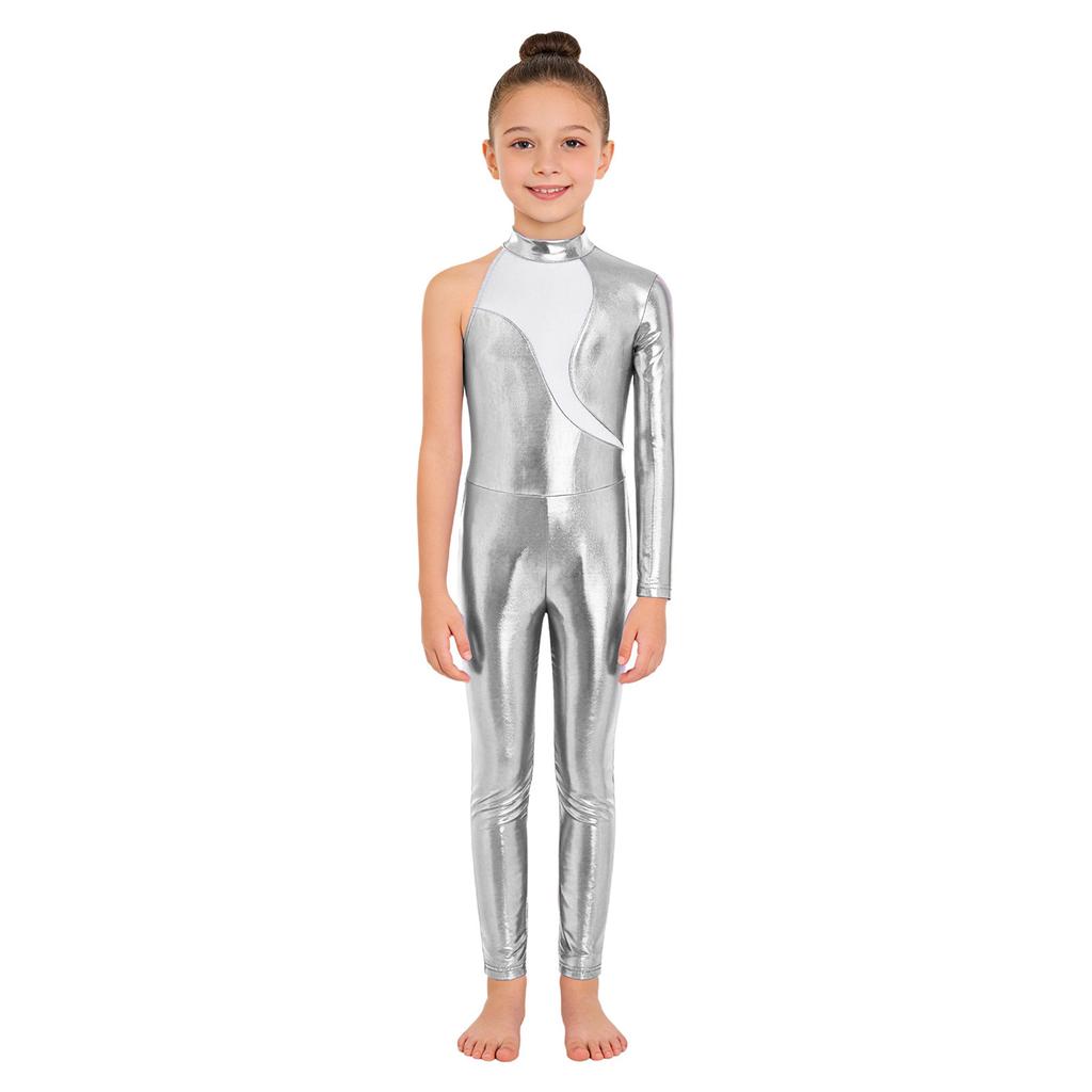 Girls Stage Performance Jumpsuit: Asymmetrical Metallic Mock Neck Mesh Patchwork Back Invisible Zipper Bodysuit Dancewear