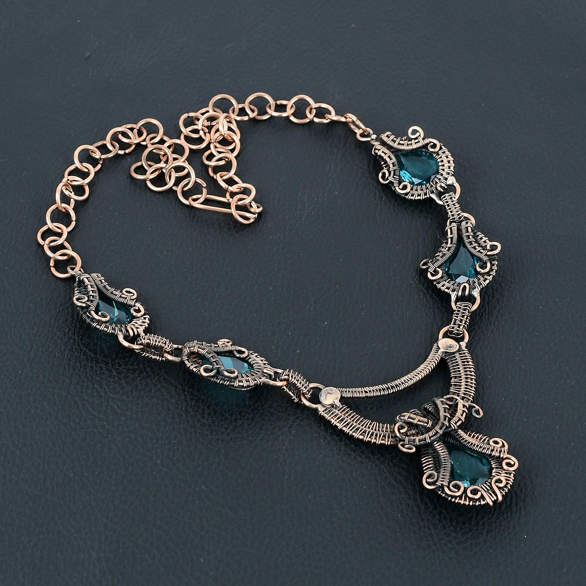 

Гламурный синий топаз с драгоценным камнем ручной работы из чистой медной проволоки, ювелирное ожерелье 18 inches синий