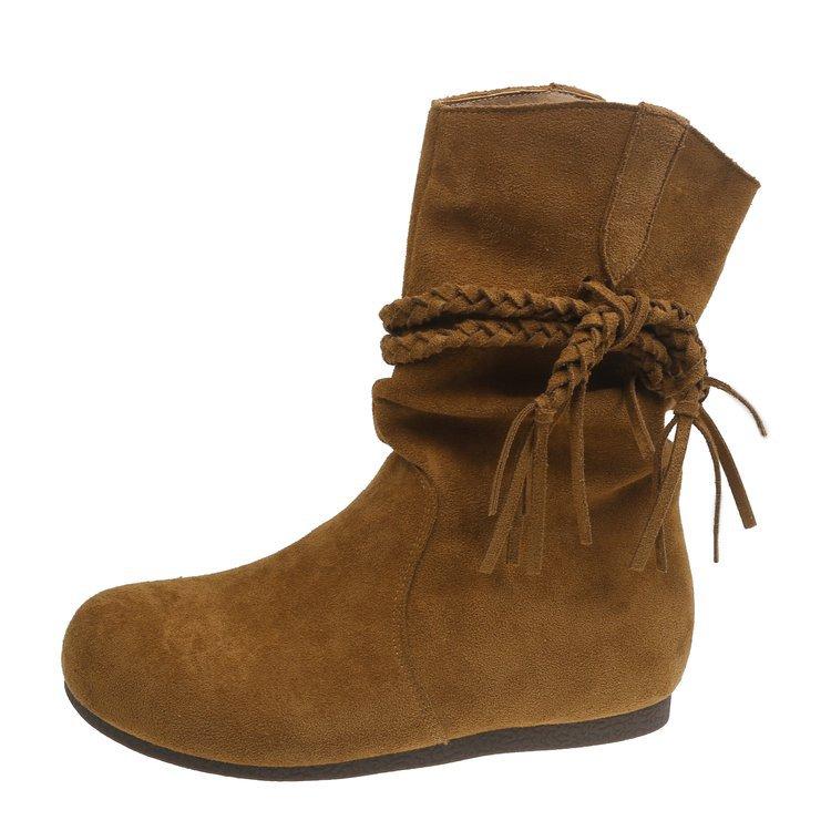Short boots women's 2025 new autumn retro versatile fringed straps comfortable and thin brown popular casual short boots