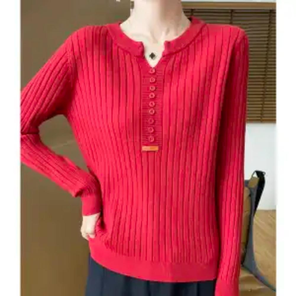 Autumn Winter Women Sweaters Pullovers V-Neck Solid Button Korean Fashion Casual Long Sleeve Thicken Bottoming Shirt Knit Tops