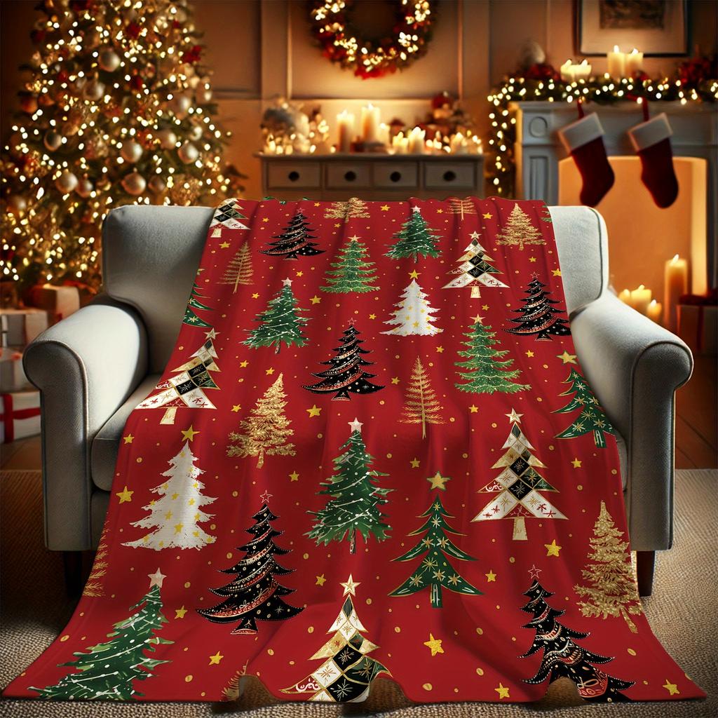 Soft, Warm Cozy Christmas Tree Flannel Throw Blanket - Red, Green, White, Black, Perfect Holiday Gift for Living Room & Bedroom,