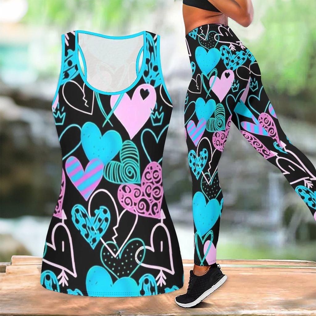 Completo Yoga Stampato con Motivo a Cuori per Donna Moda Leggings da Allenamento Fitness Sportivo Set Yoga Casual Tuta Sportiva