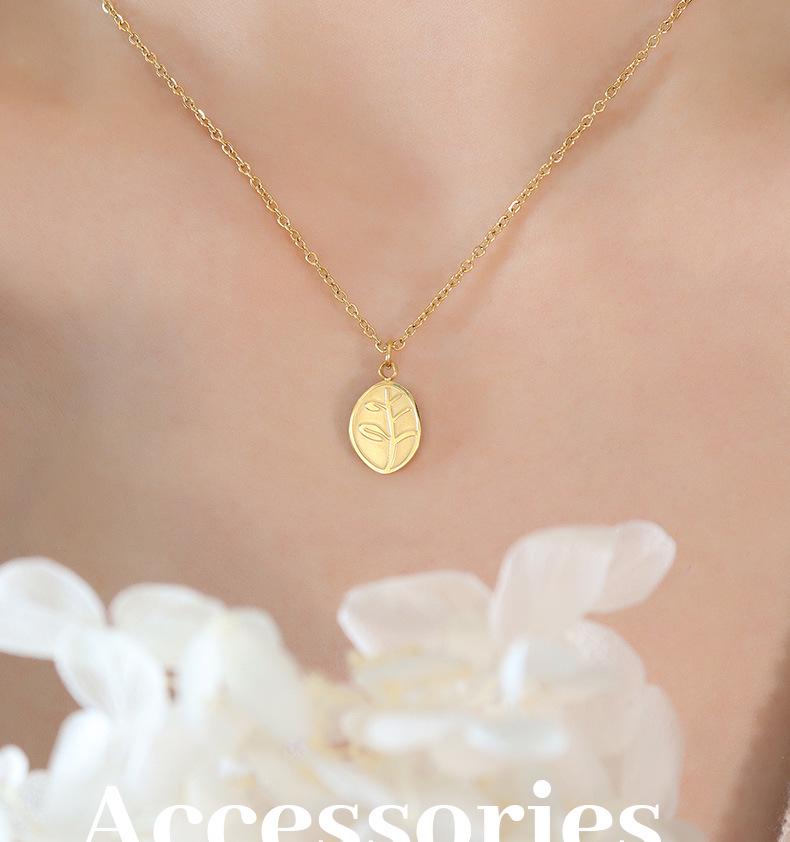 Leaf Oval Pendant Necklace for Women - Gold Plated, Fade-Resistant Titanium Steel