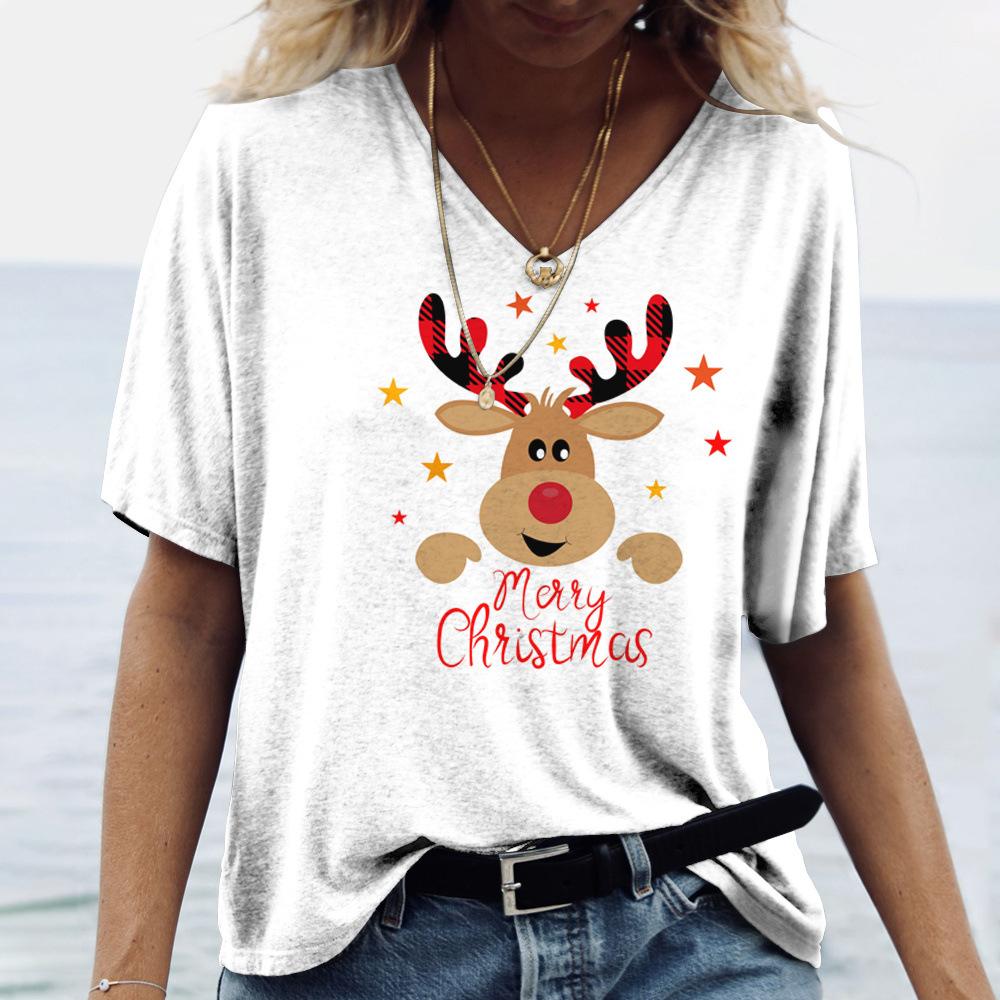 Plus Size 6XL Merry Christmas Women's Short sleeved V-neck T-shirt Christmas Tree Santa Claus Letter Print Simple Trendy Trend Women Clothing