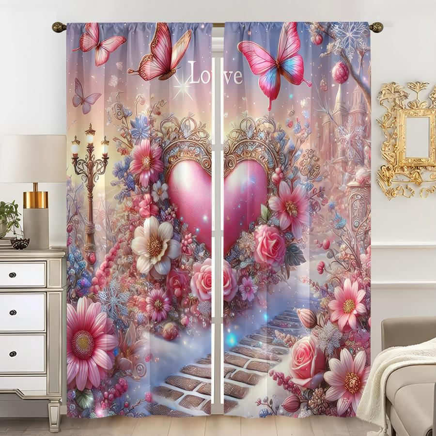 

2PCS Pink Butterfly Flower Sea Love Curtain Fairy Tale Style Decoration Bedroom and Living Room Pull up Pocket Style 100*130 HOOK 1pcs